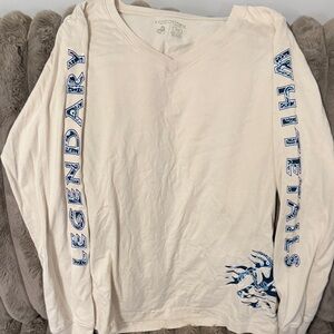 Legendary Whitetails Cream V-Neck Long Sleeve Tee with Blue Sleeve Logos